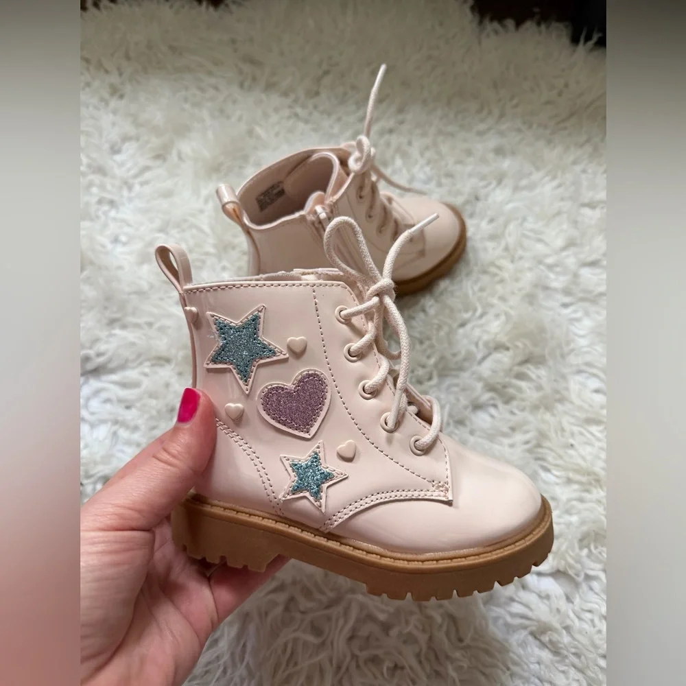 Kids Pink Star & Heart Lace-Up Boots